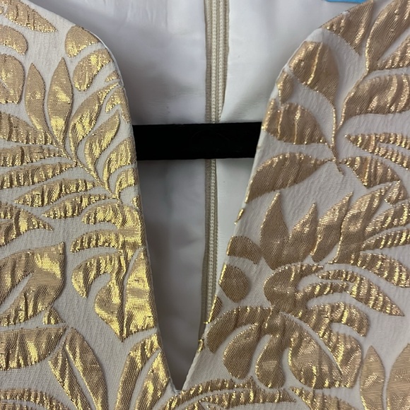 J. McLaughlin Champagne Metallic Palm Leaf Dress with Cap Sleeves V-Neck - Picture 7 of 9